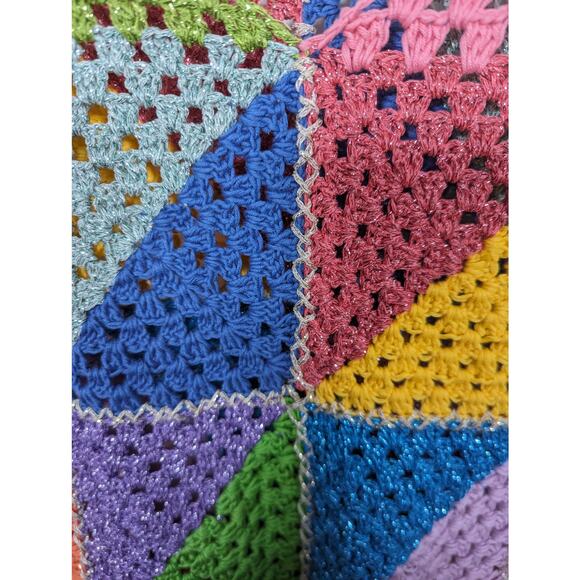 Rose Carmine Granny Square Crochet Multicolor Tank Top Tie Shoulder Cotton - Picture 8 of 9